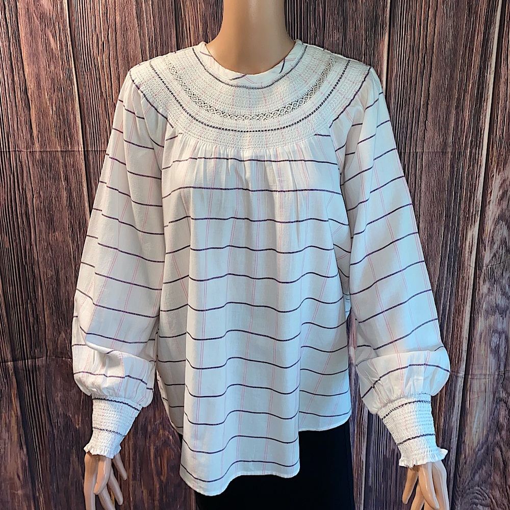 LOFT size medium white & pink plaid boho peasant flowy summer blouse top